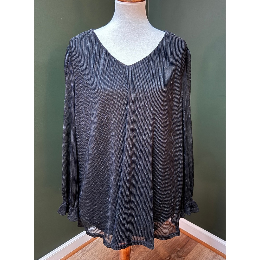 NWT Hanna Nikole Black Pleated V-Neck Long Sleeve Top Women's 18W